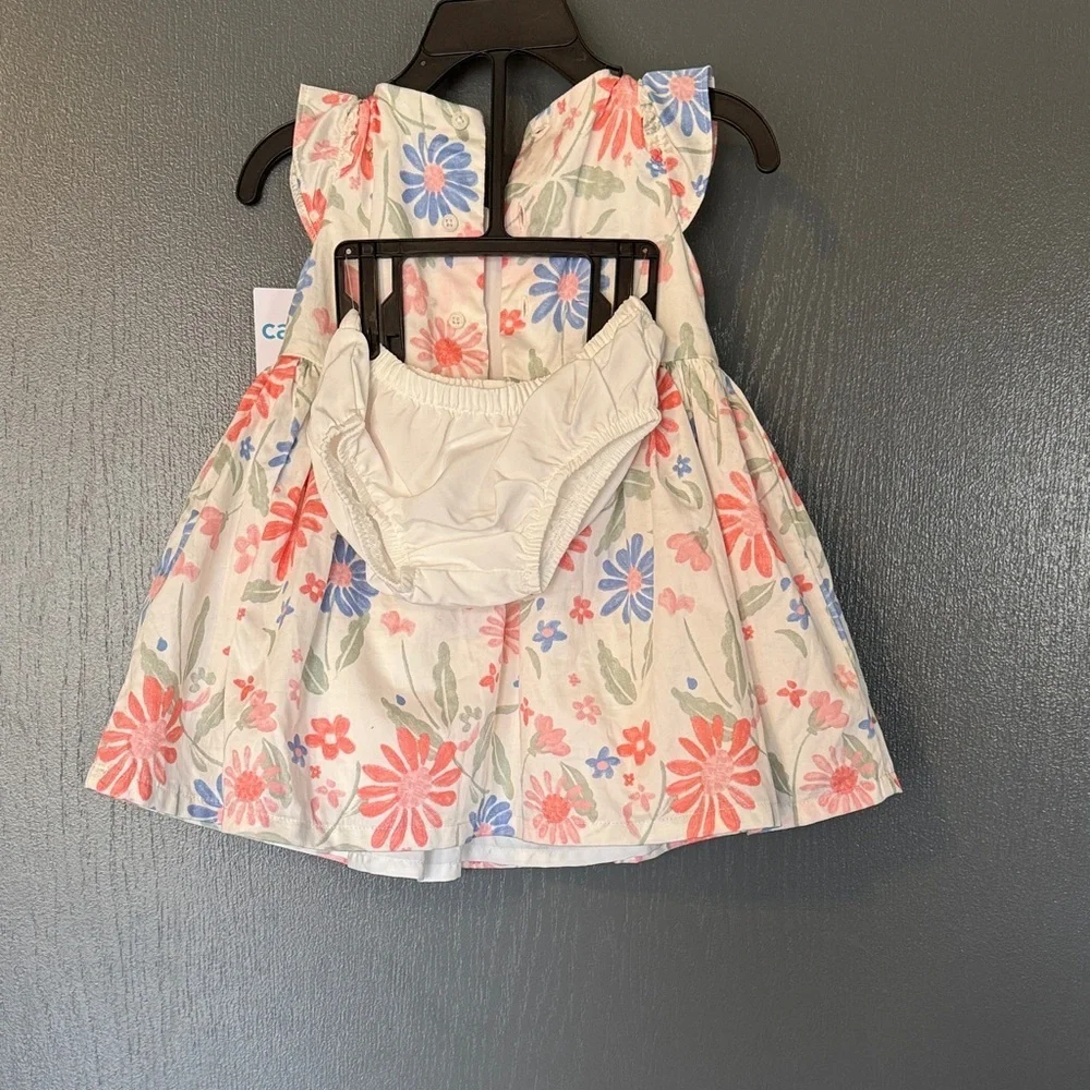 Baby Girl Floral Ruffle Sleeve Dress - White with Pink & Blue Flowers
